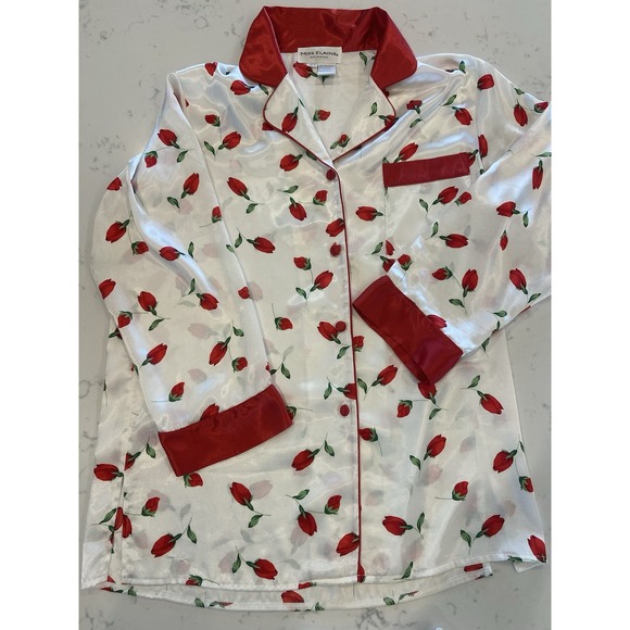 Miss Elaine Intimates Satin Pajamas‎ Set Red Rose Buds Print Women's Size Small - Picture 3 of 9